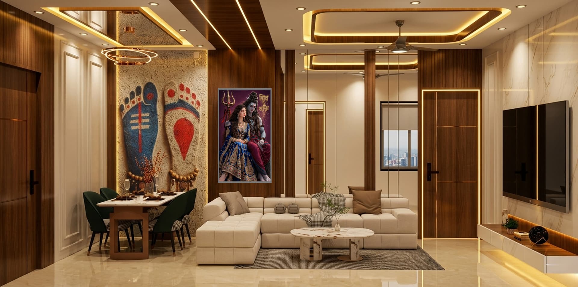 Photorealistic 3D interior design of a modern living room by Jangid Homes