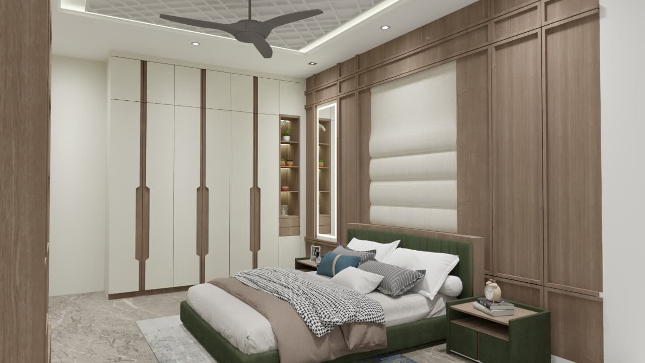 Cozy modern bedroom 3D design – Jangid Homes