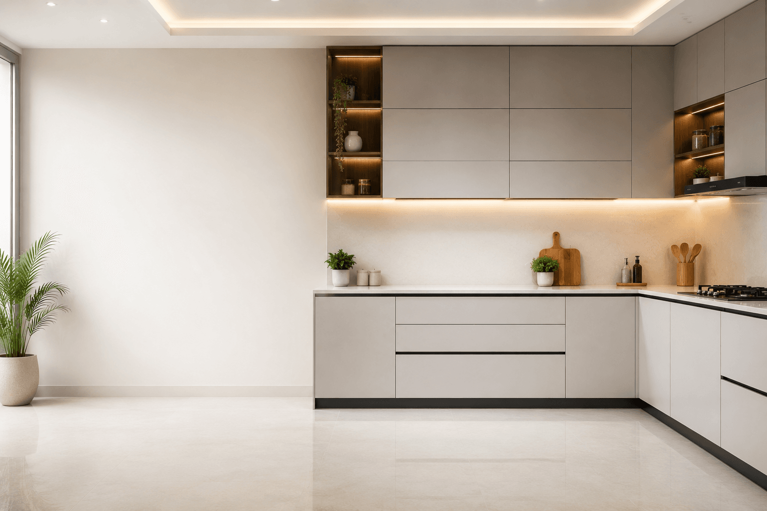 Sleek handleless modular kitchen designed by Jangid Homes in Kharadi, Pune